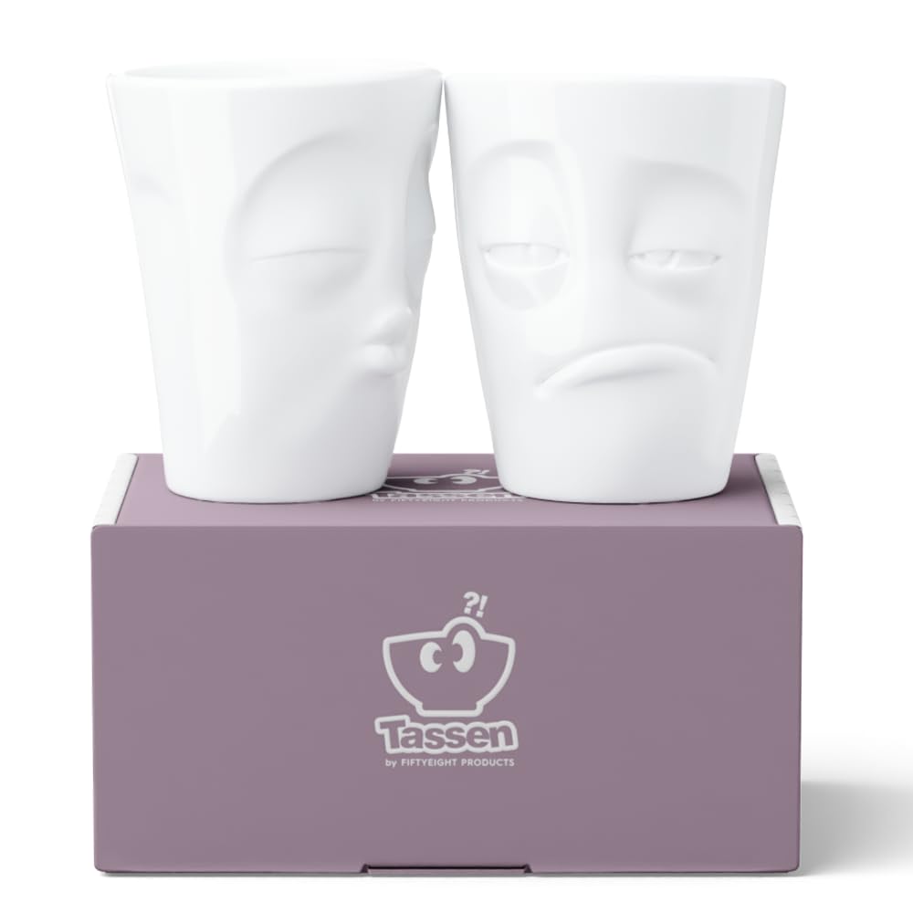 FIFTYEIGHT PRODUCTS / Tazze / Set 2 tazze, senza manico "Bacio & Assonnato" (Porcellana, 2 x 350ml, Bianco, Made in Germany)