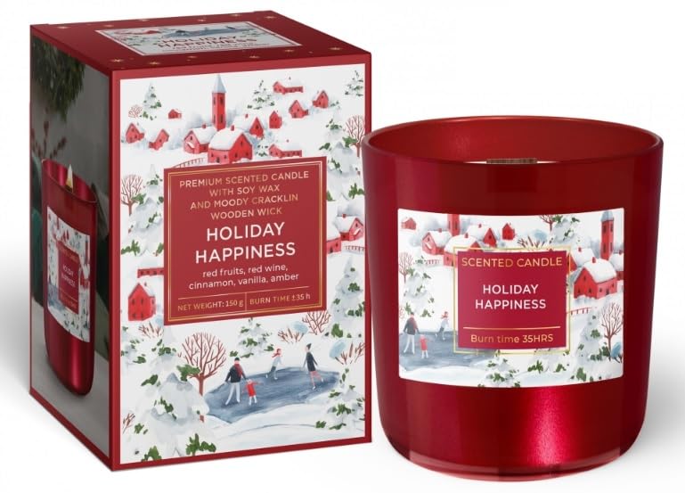 Premium Scented Candle with Soy Wax and Wooden Wick Holiday Happiness