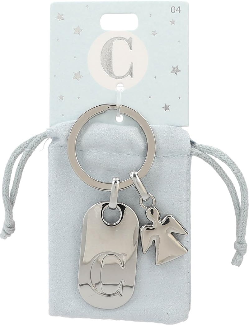 Depesche 11800-004 Silver keyring with letter C and guardian angel, zinc alloy, incl. light blue velvet pouch