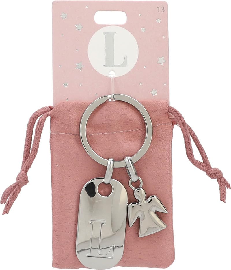 Depesche 11800-013 Silver Keychain with Letter L and Guardian Angel, Zinc Alloy, incl. Pink Velvet Pouch