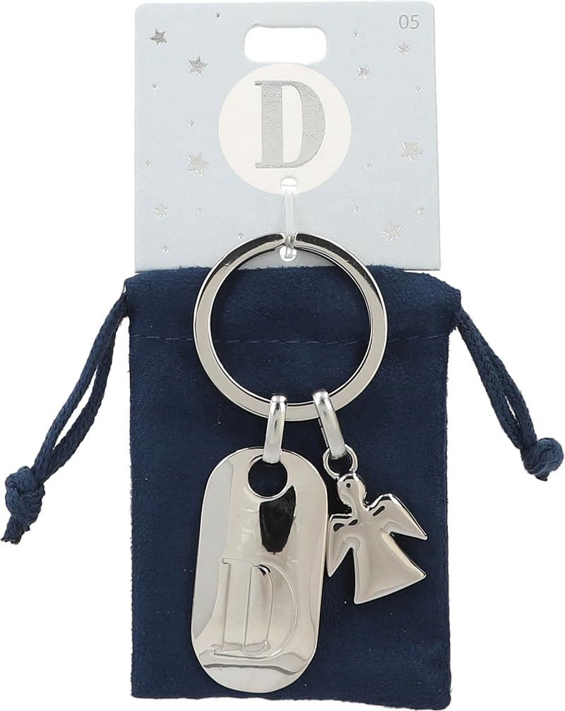 Depesche 11800-005 Silver Key Ring with Letter D and Guardian Angel, Zinc Alloy, incl. dark blue velvet pouch