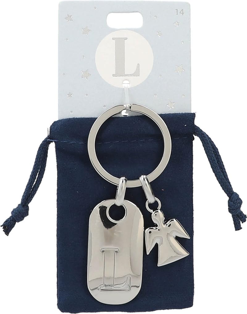 Depesche 11800-014 Silver Keyring with Initial L and Guardian Angel, Zinc Alloy, incl. Dark Blue Velvet Pouch