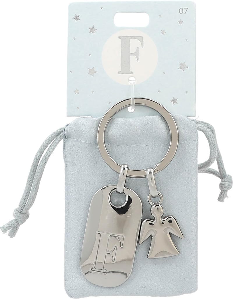Depesche 11800-007 Silver Keychain with Letter F and Guardian Angel, Zinc Alloy, incl. Light Blue Velour Pouch