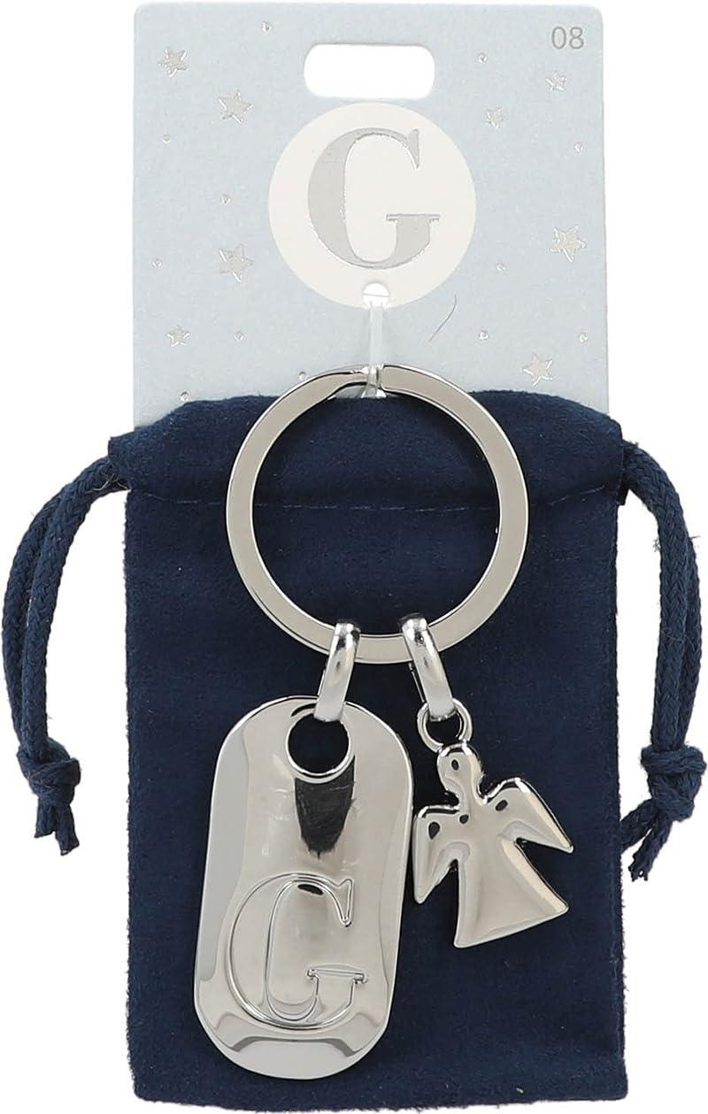 Depesche 11800-008 Silver Keychain with Letter G and Guardian Angel, Zinc Alloy, incl. Dark Blue Velvet Pouch