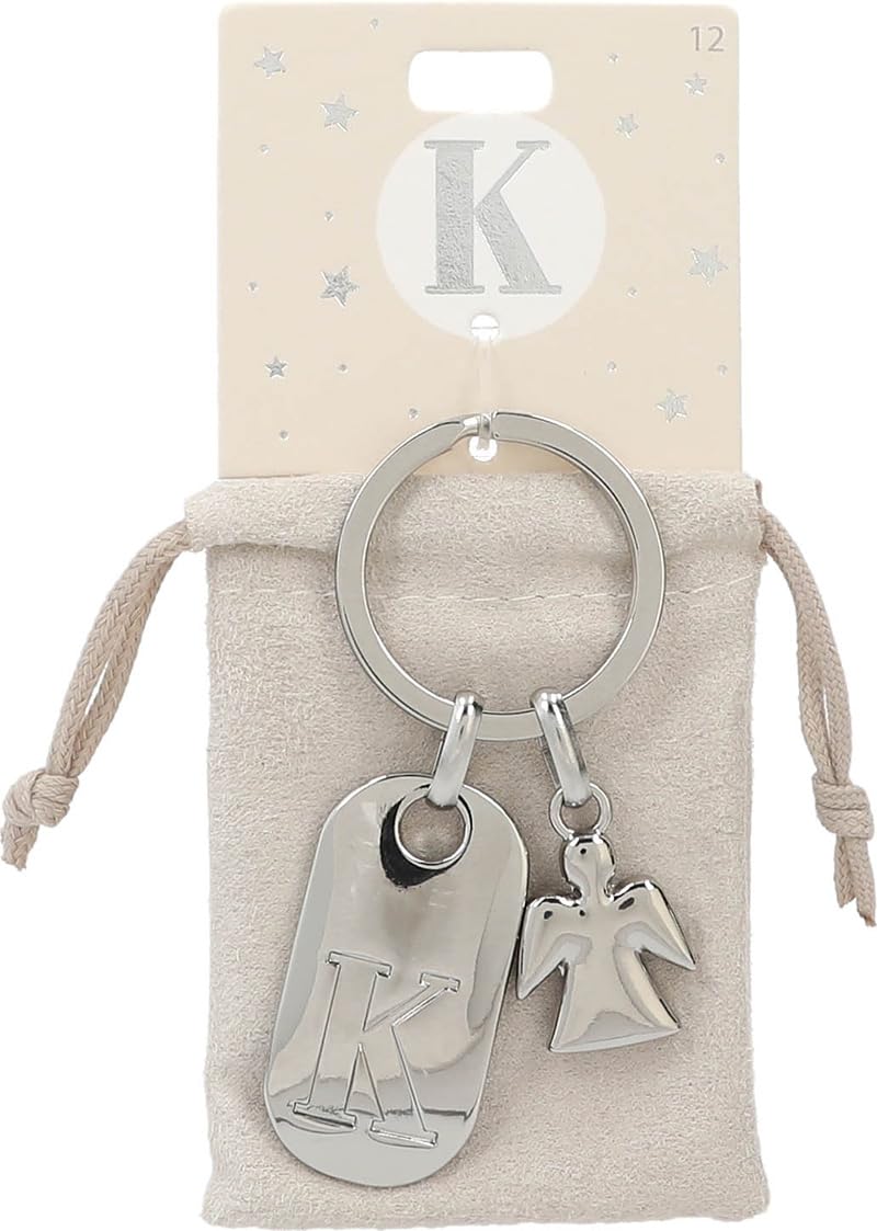 Depesche 11800-012 Silver Keyring with Letter K and Guardian Angel, Zinc Alloy, incl. Vanilla Coloured Velvet Pouch