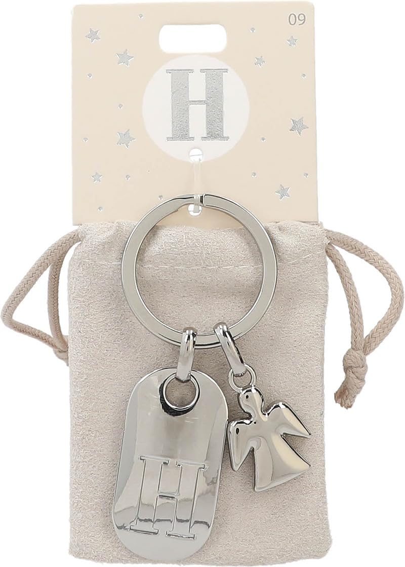 Depesche 11800-009 Silver Keychain with Letter H and Guardian Angel, Zinc Alloy, incl. Vanilla-Colored Velvet Pouch