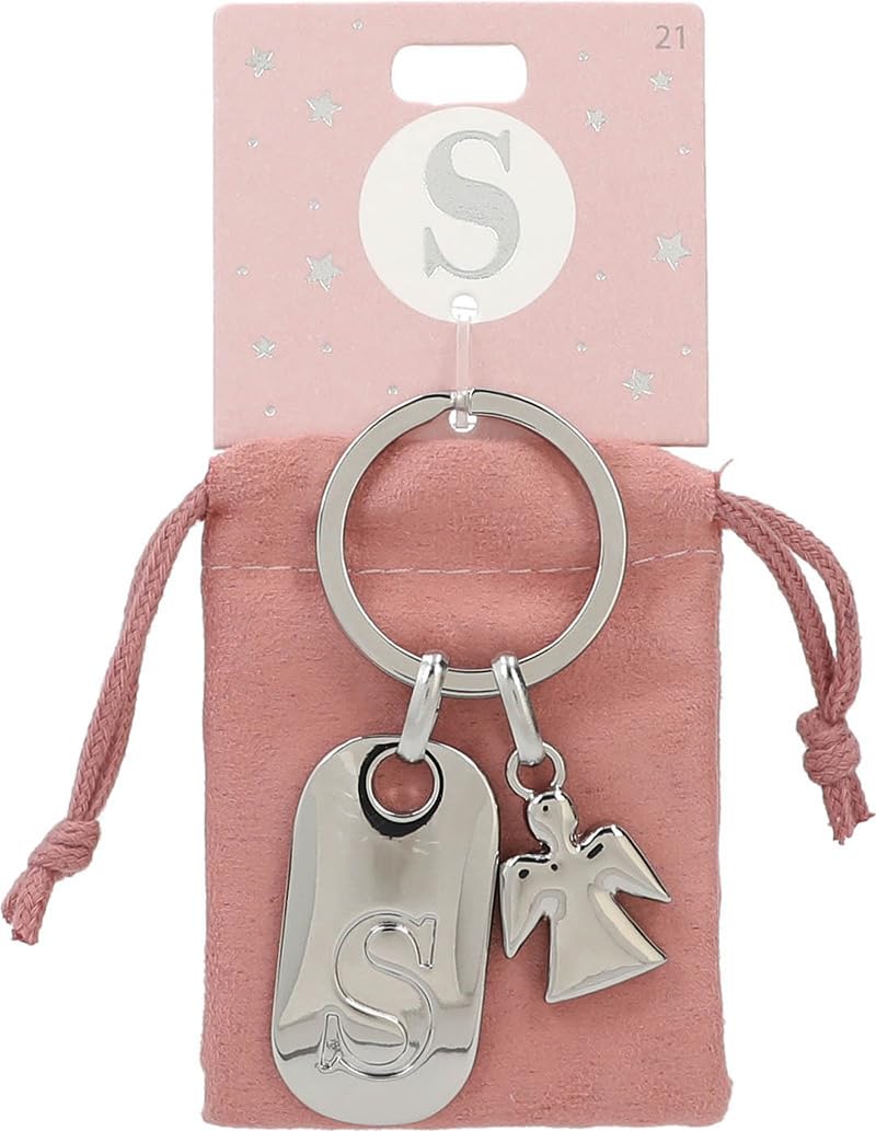 Depesche 11800-021 Portachiavi argentato con lettera S e angelo custode, lega di zinco, inclusa custodia di velluto colorato rosa