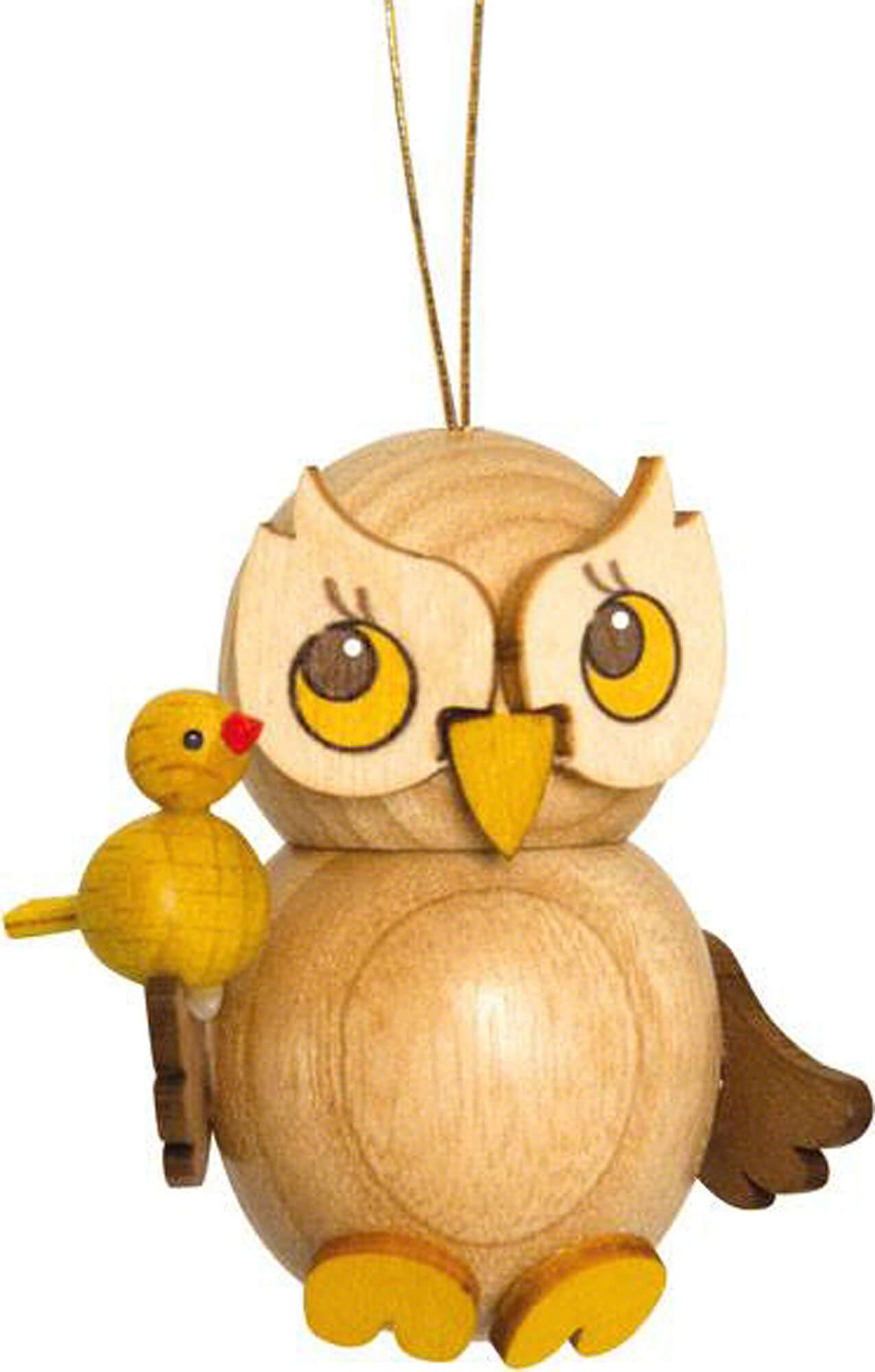 Drechslerei Kuhnert Decorazione albero di Natale bambino gufo con uccellino - 4 cm