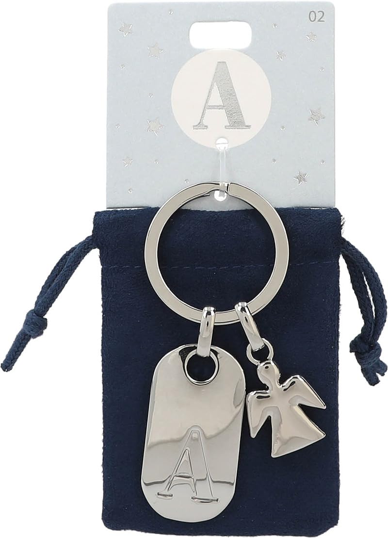 Depesche 11800-002 Silver Keychain with Letter A and Guardian Angel, Zinc Alloy, incl. Dark Blue Velvet Pouch