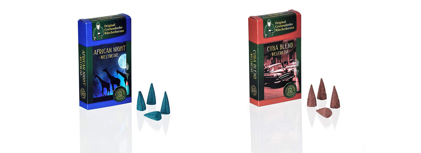 Crottendorfer Räucherkerzen Original Giro del mondo - Dimensione: M - Set da 2 - 40 pezzi - Profumi: Cuba Blend + African Night - Prodotto in Germania