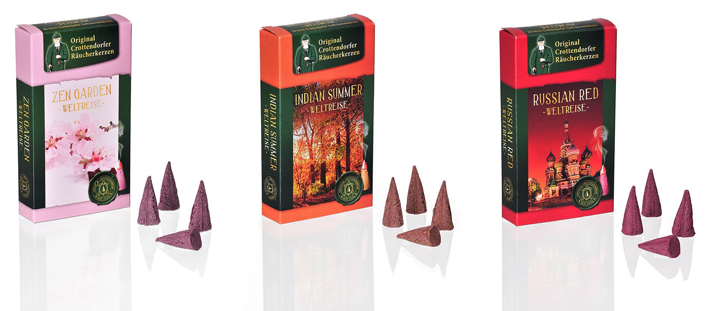 Original Crottendorf Incense Cones - World Tour - Size: M - Set of 3 - 60 Pieces - Scents: Zen Garden + Indian Summer + Russian Red - Made in Germany