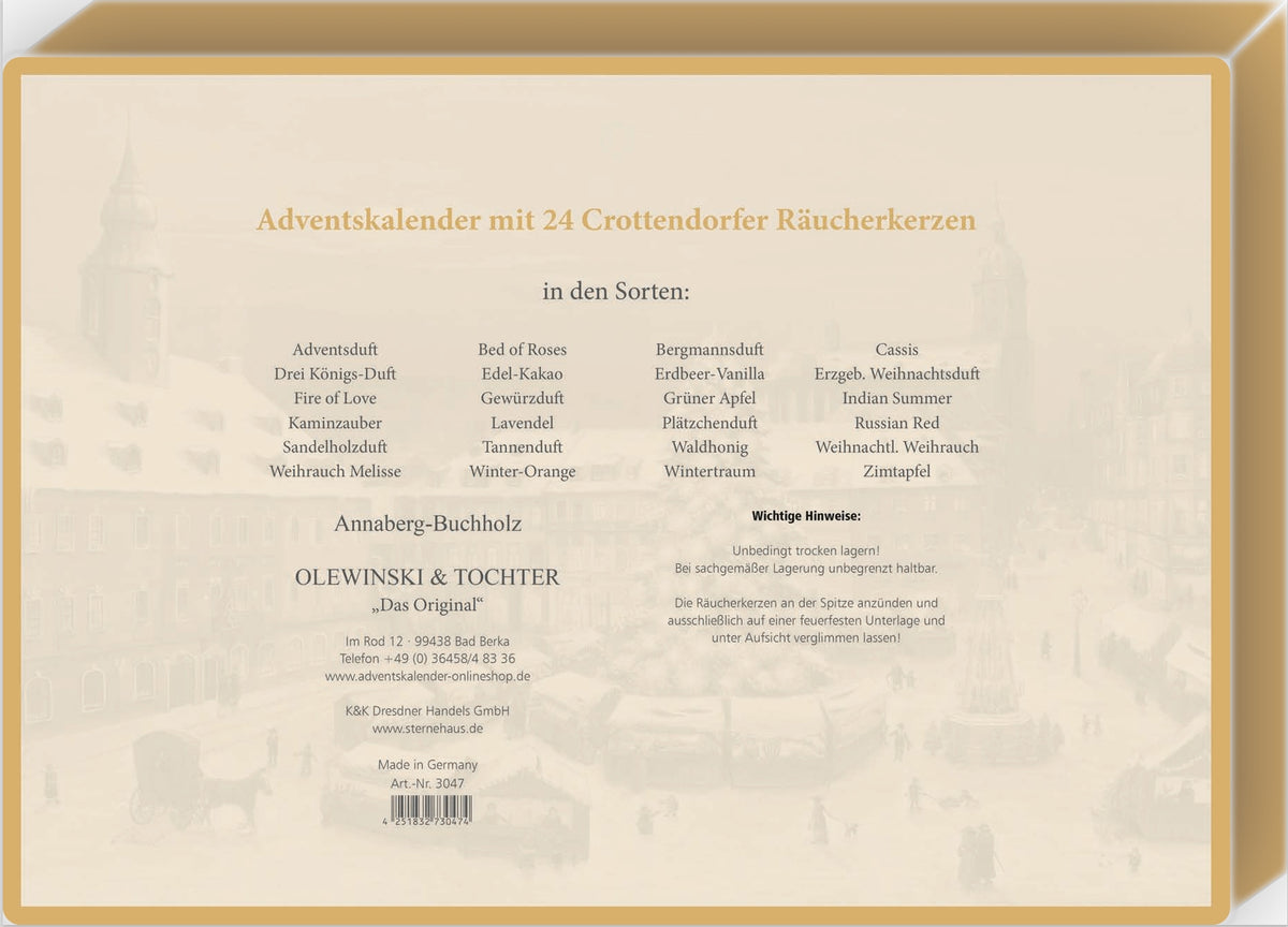 Räucherkerzen-Adventskalender, Motiv: Weihnachtsmarkt Annaberg-Buchholz