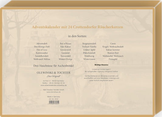 Räucherkerzen-Adventskalender, Motiv: Drei Haselnüsse für Aschenbrödel
