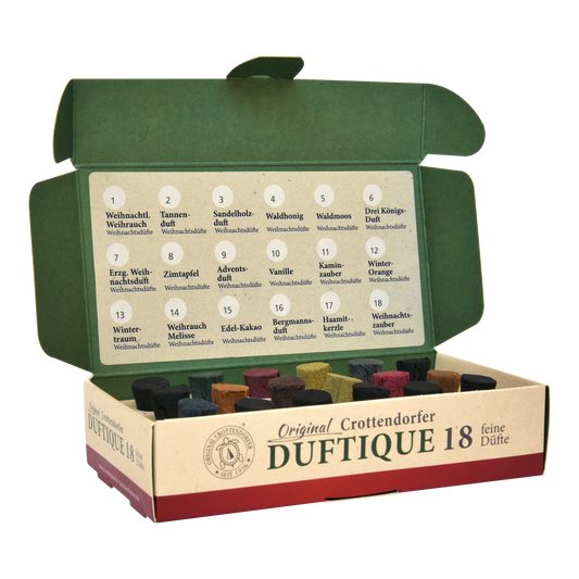 Crottendorfer Räucherkerzen Duftique - una piccola selezione di coni d'incenso per conoscere - Set di prova - Profumi natalizi e profumi Santali - 18 coni d'incenso - Made in Germany