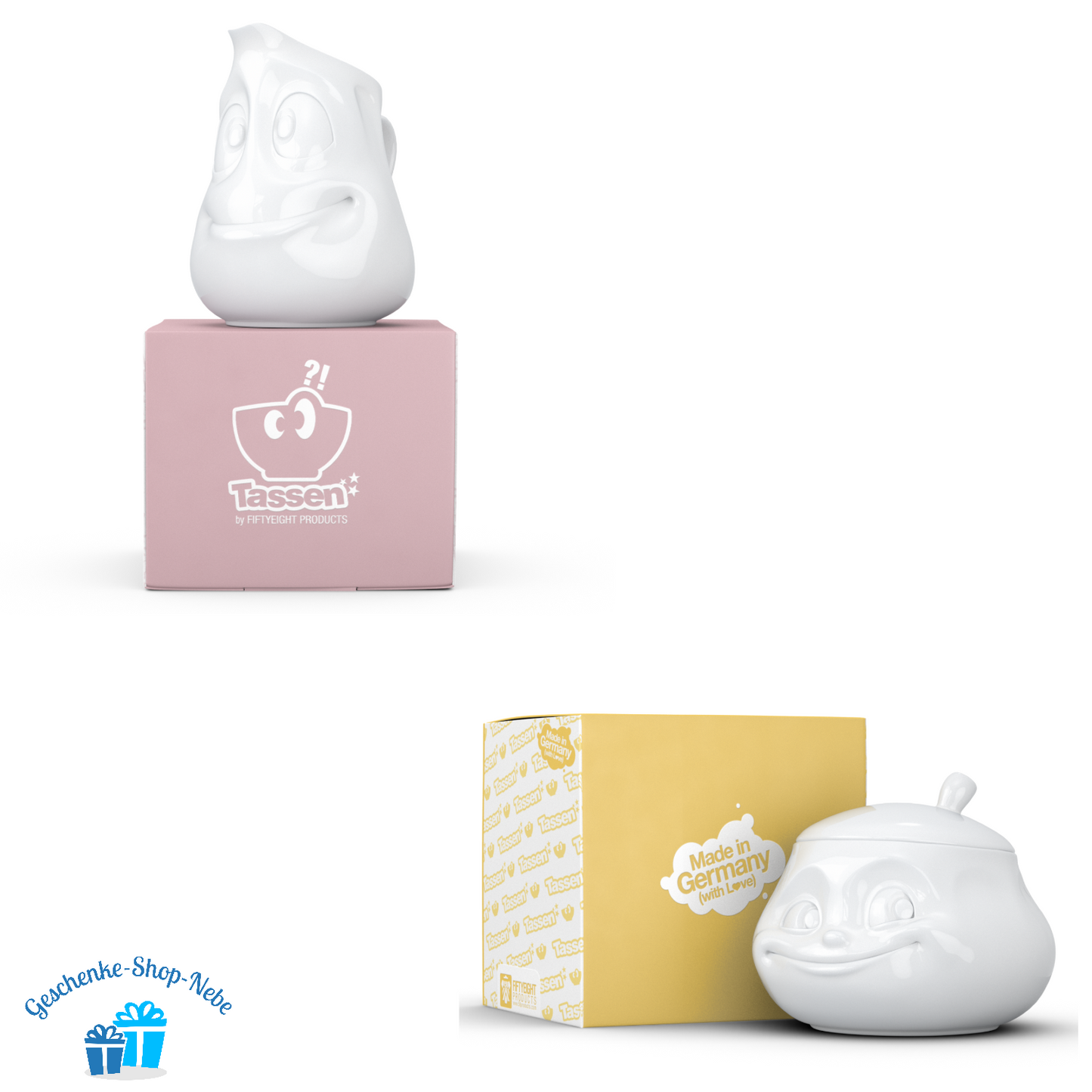 FIFTYEIGHT PRODUCTS / 2-tlg. Set Milchkännchen "Drollig" + Zuckerdose "Süß" Porzellan weiß, Made in Germany
