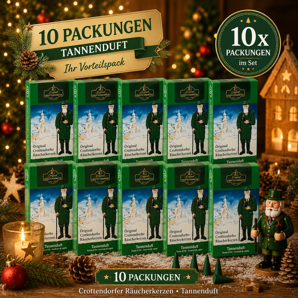 Crottendorfer Räucherkerzen 10er-Set (10 x 24 Stück) Tannenduft