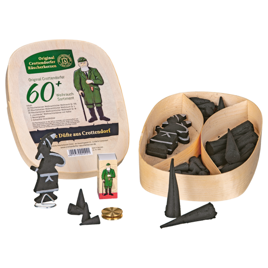Crottendorfer Räucherkerzen - in una decorativa scatola in truciolato - composta da diverse dimensioni di Incenso Natalizio - set da 60 - Made in Germany