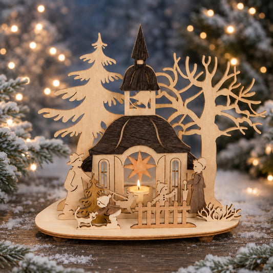 Kuhnert - hochwertiger Teelichthalter "Kirche" - mit aufgesetztem Edelholzfunier - Maße: 13 x 10 x 15 cm - Made in Germany