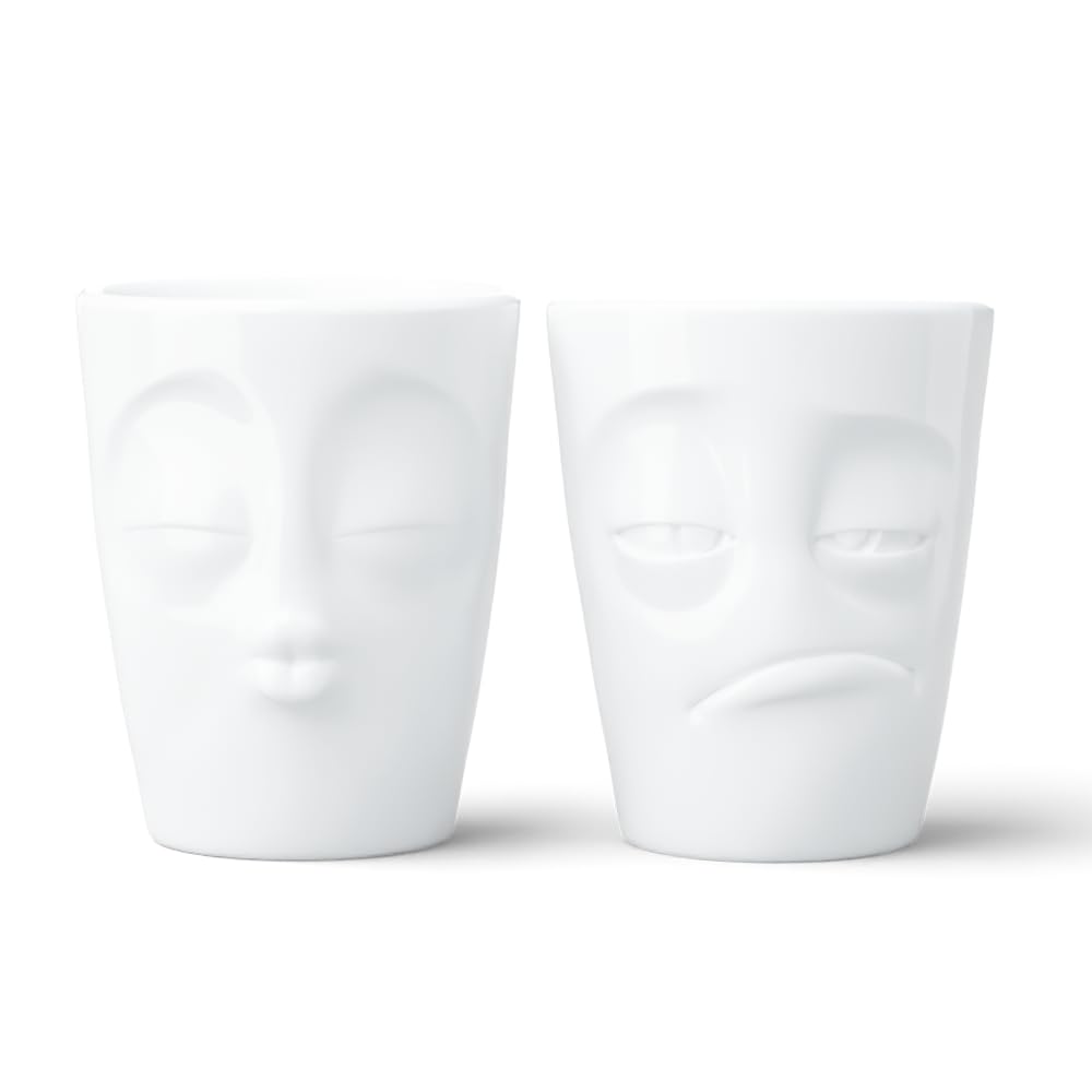 FIFTYEIGHT PRODUCTS / Tazze / Set 2 tazze, senza manico "Bacio & Assonnato" (Porcellana, 2 x 350ml, Bianco, Made in Germany)