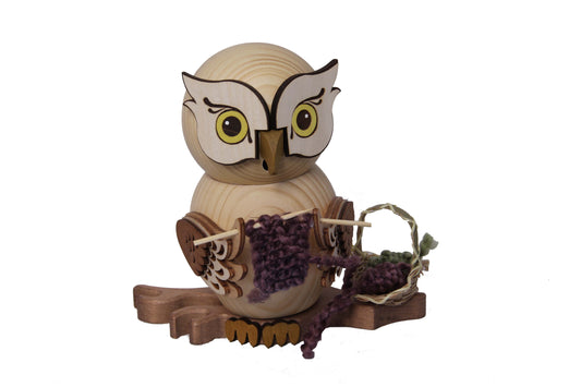 Kuhnert Woodturning | Smoking Owl with Knitting | Incense Figure | Solid Wood Owl | Height approx. 15 cm