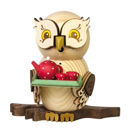 Drechslerei Kuhnert | Smoking Owl with Tea Set | Incense Figurine | Solid Wood Owl | Height approx. 15 cm