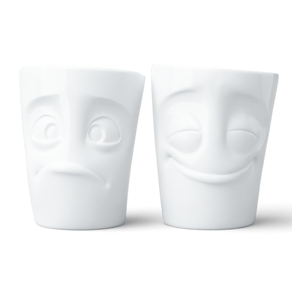 FIFTYEIGHT PRODUCTS / Cups / Handleless Mug Set No. 2, "Cheerful & Dumbfounded" (Porcelain, 2 x 350ml, White, Made in Germany)