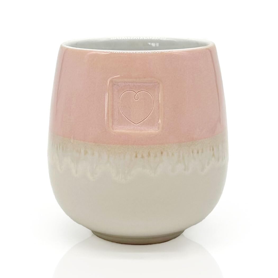 Mea-Living STONEWARE Becher | "HERZ" | rosa | 400 ml | handverzierter Trinkbecher oder Blumentopf