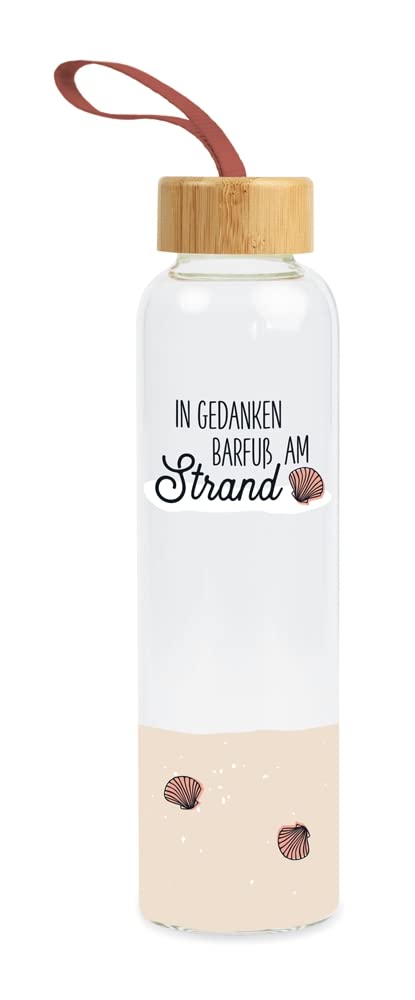 Grafik-Werkstatt Borraccia in vetro con frase divertente | con passante per il trasporto | 550 ml | A piedi nudi sulla spiaggia, Colorata