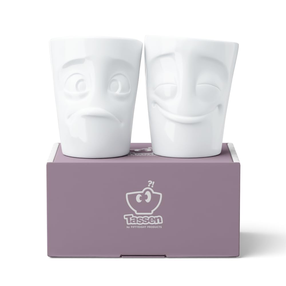 FIFTYEIGHT PRODUCTS / Cups / Handleless Mug Set No. 2, "Cheerful & Dumbfounded" (Porcelain, 2 x 350ml, White, Made in Germany)