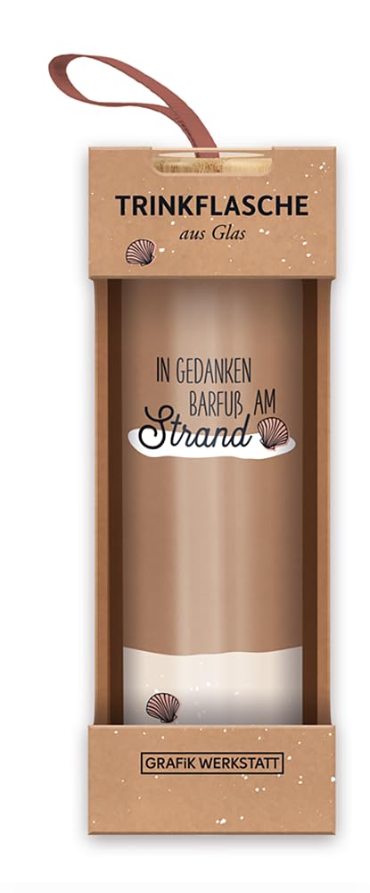 Grafik-Werkstatt Borraccia in vetro con frase divertente | con passante per il trasporto | 550 ml | A piedi nudi sulla spiaggia, Colorata