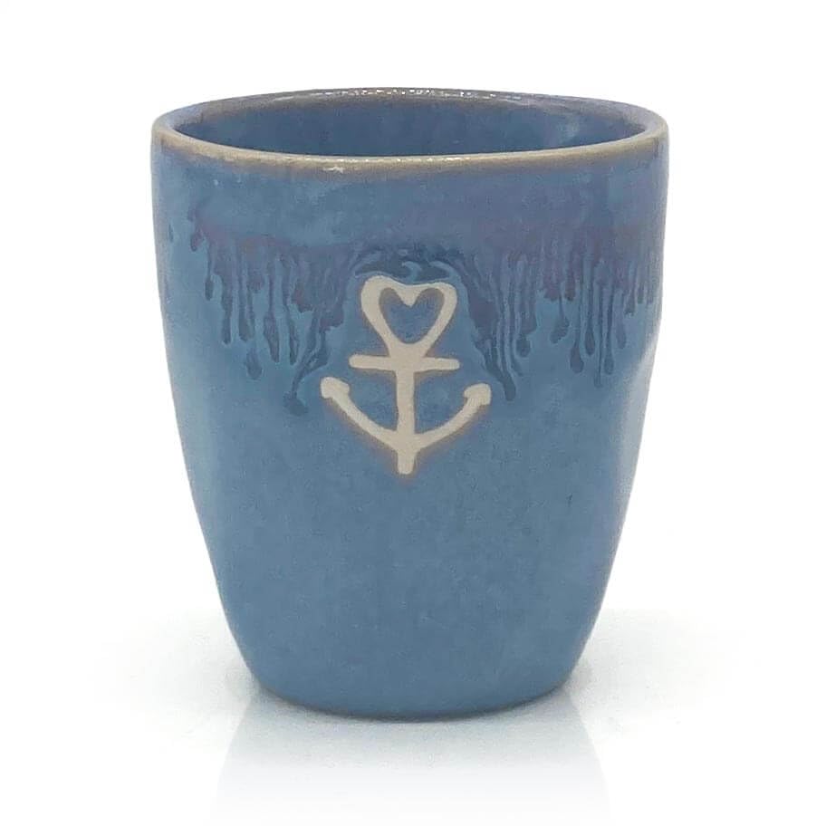 Mea-Living STONEWARE tazza da caffè espresso marittima, blu con ancora, ceramica fatta a mano, 150 ml, stoviglie splendidamente fatte a mano
