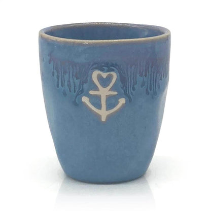 Mea-Living STONEWARE tazza da caffè espresso marittima, blu con ancora, ceramica fatta a mano, 150 ml, stoviglie splendidamente fatte a mano