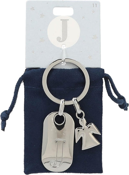 Depesche 11800-011 Silver keyring with letter J and guardian angel, zinc alloy, incl. dark blue velvet pouch