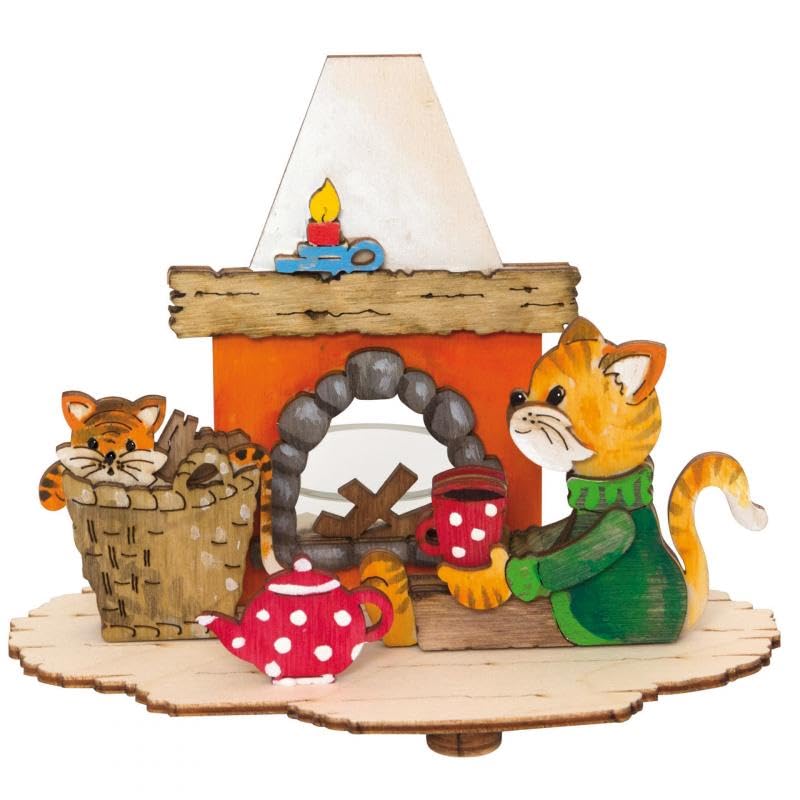 Drechslerei Kuhnert - Hobaku Craft Kit - Tealight Holder - Design: Cats by the Fireplace - Wooden Decoration for Assembly - Dimensions: approx. 16 x 8 x 10 cm - Made in Germany