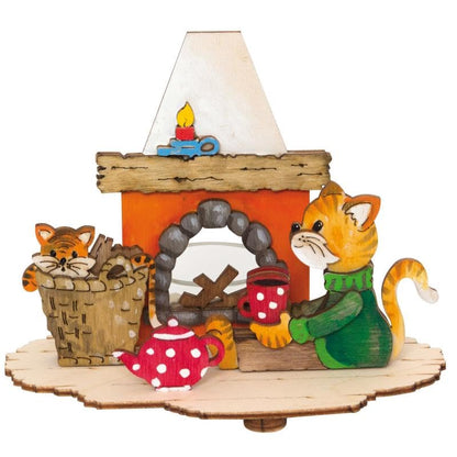 Drechslerei Kuhnert - Hobaku Craft Kit - Tealight Holder - Design: Cats by the Fireplace - Wooden Decoration for Assembly - Dimensions: approx. 16 x 8 x 10 cm - Made in Germany