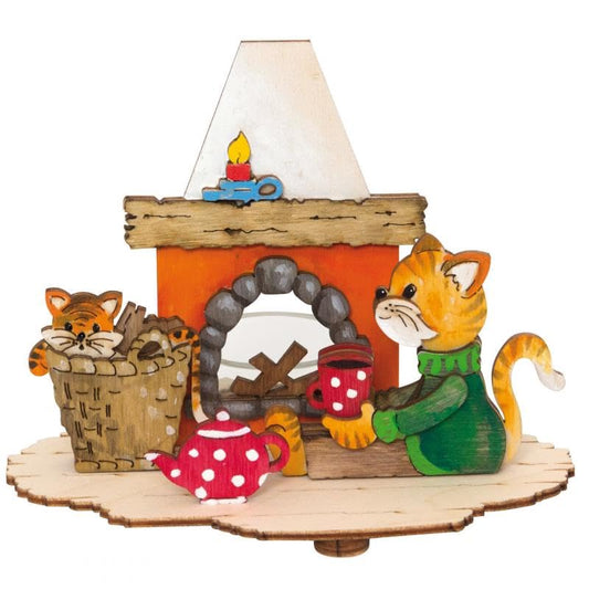 Drechslerei Kuhnert - Set fai da te Hobaku - Portacandele da tè - Motivo: Gatti davanti al camino - Decorazione in legno da assemblare - Dimensioni: ca. 16 x 8 x 10 cm - Made in Germany