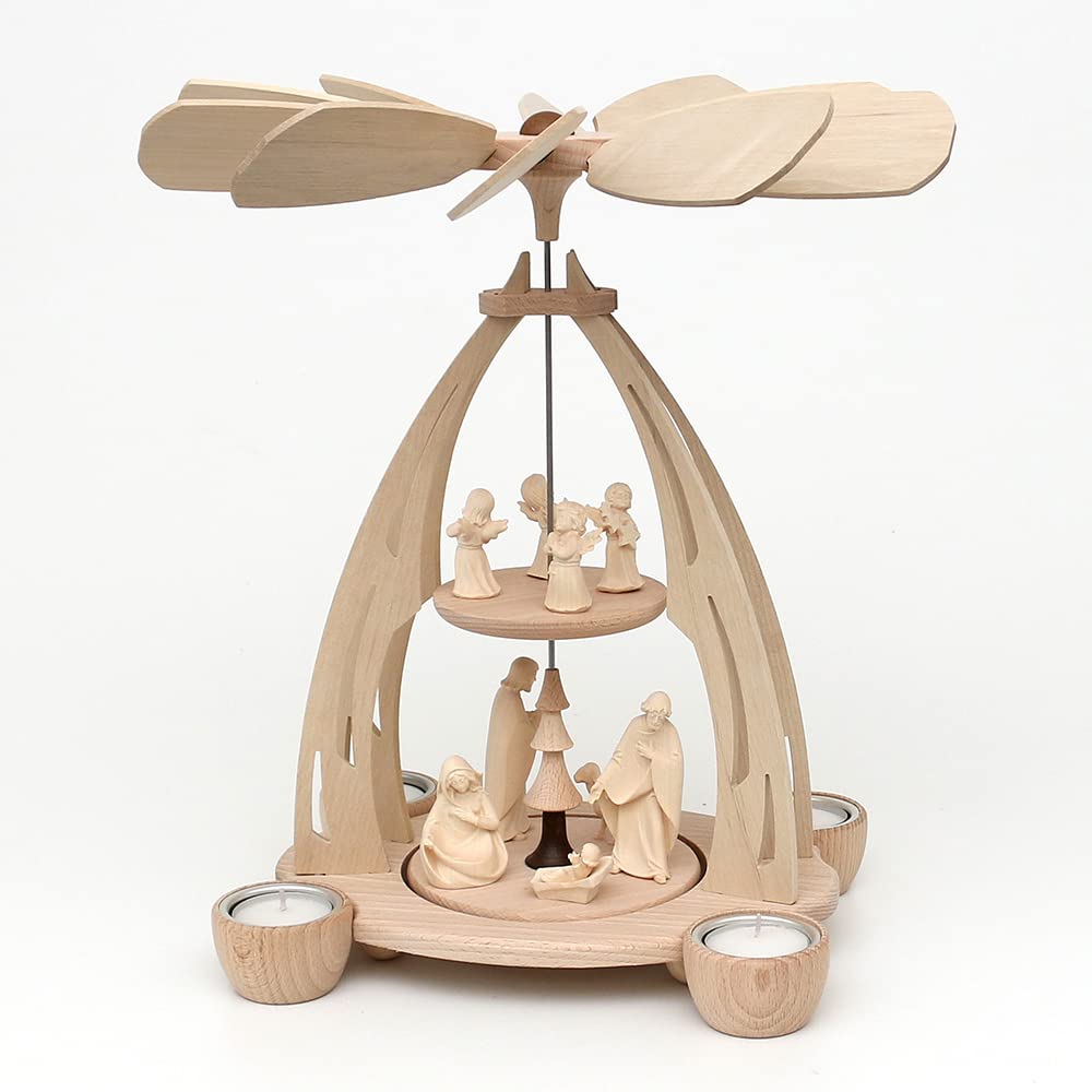 Wooden Table Pyramid, High Quality, Holy Family from South Tyrol for 4 Tealights, 20 x 24 x 35 cm - Vogtland Souvenir