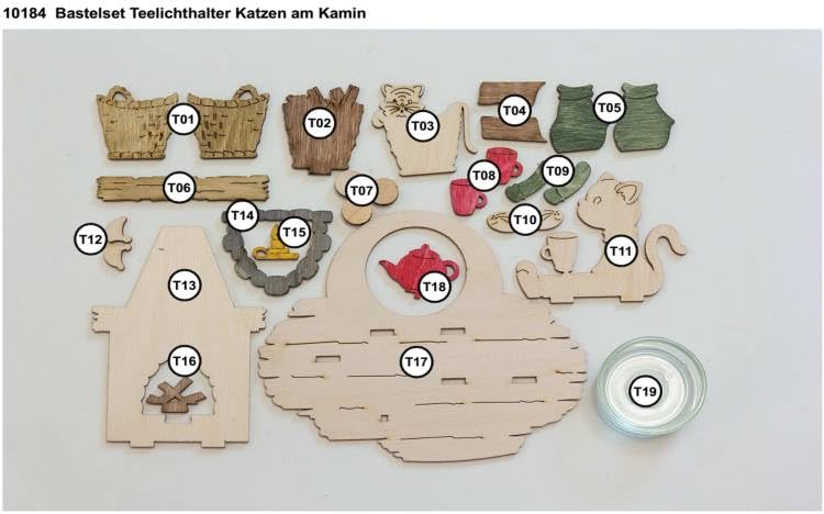Drechslerei Kuhnert - Hobaku Craft Kit - Tealight Holder - Design: Cats by the Fireplace - Wooden Decoration for Assembly - Dimensions: approx. 16 x 8 x 10 cm - Made in Germany