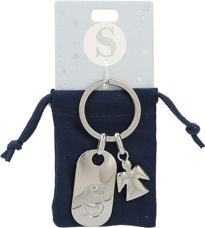 Depesche 11800-022 Silver Keychain with Letter S and Guardian Angel, Zinc Alloy, incl. Dark Blue Velvet Pouch