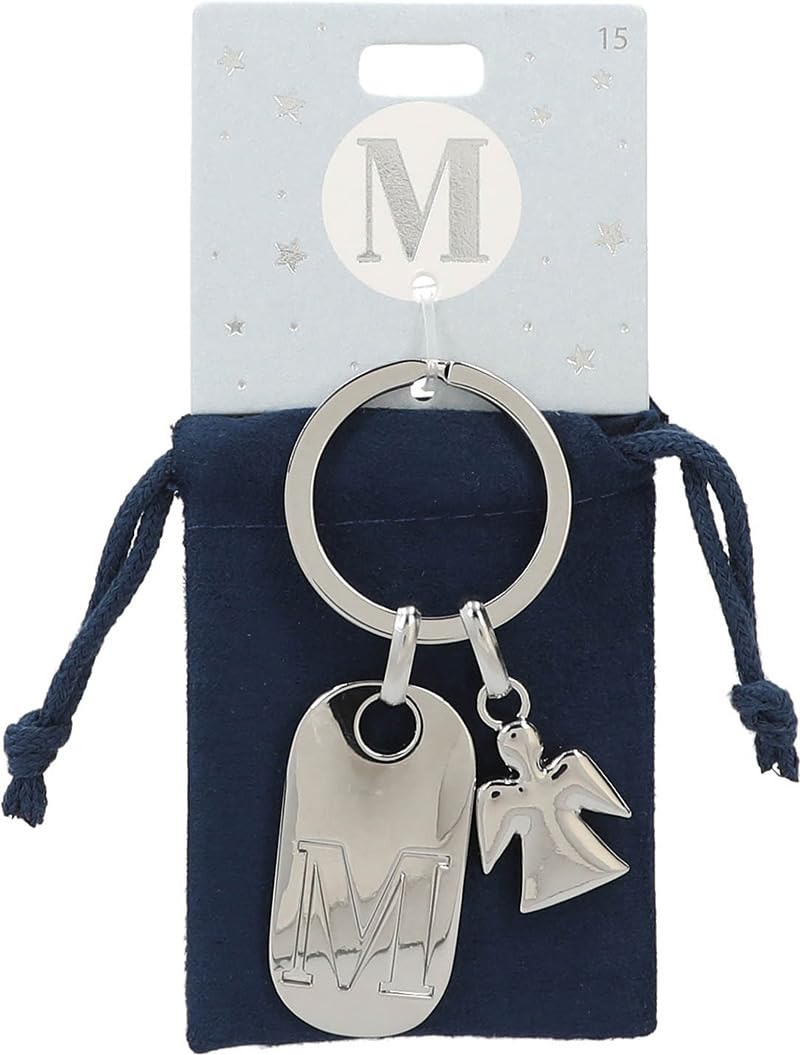 Depesche 11800-015 Silver Keyring with Initial M and Guardian Angel, Zinc Alloy, incl. Dark Blue Velvet Pouch