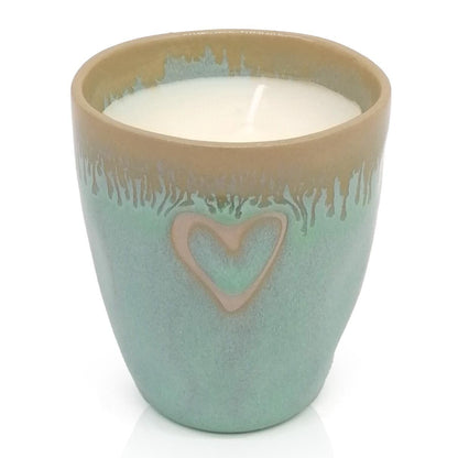 Mea-Living STONEWARE Candela in tazza da caffè espresso turchese a cuore, gres fatto a mano, 150 ml, bellissime stoviglie con candela
