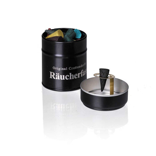 Crottendorfer Räucherfass mit Räucherkerzenhalter inkl. 20 Räucherkerzen DREI Königsduft und Feuerzeug