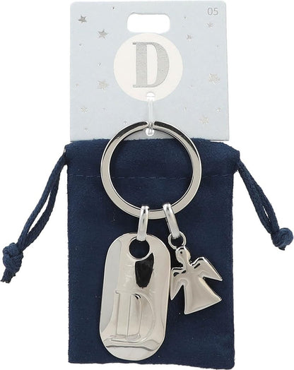 Depesche 11800-005 Silver Key Ring with Letter D and Guardian Angel, Zinc Alloy, incl. dark blue velvet pouch
