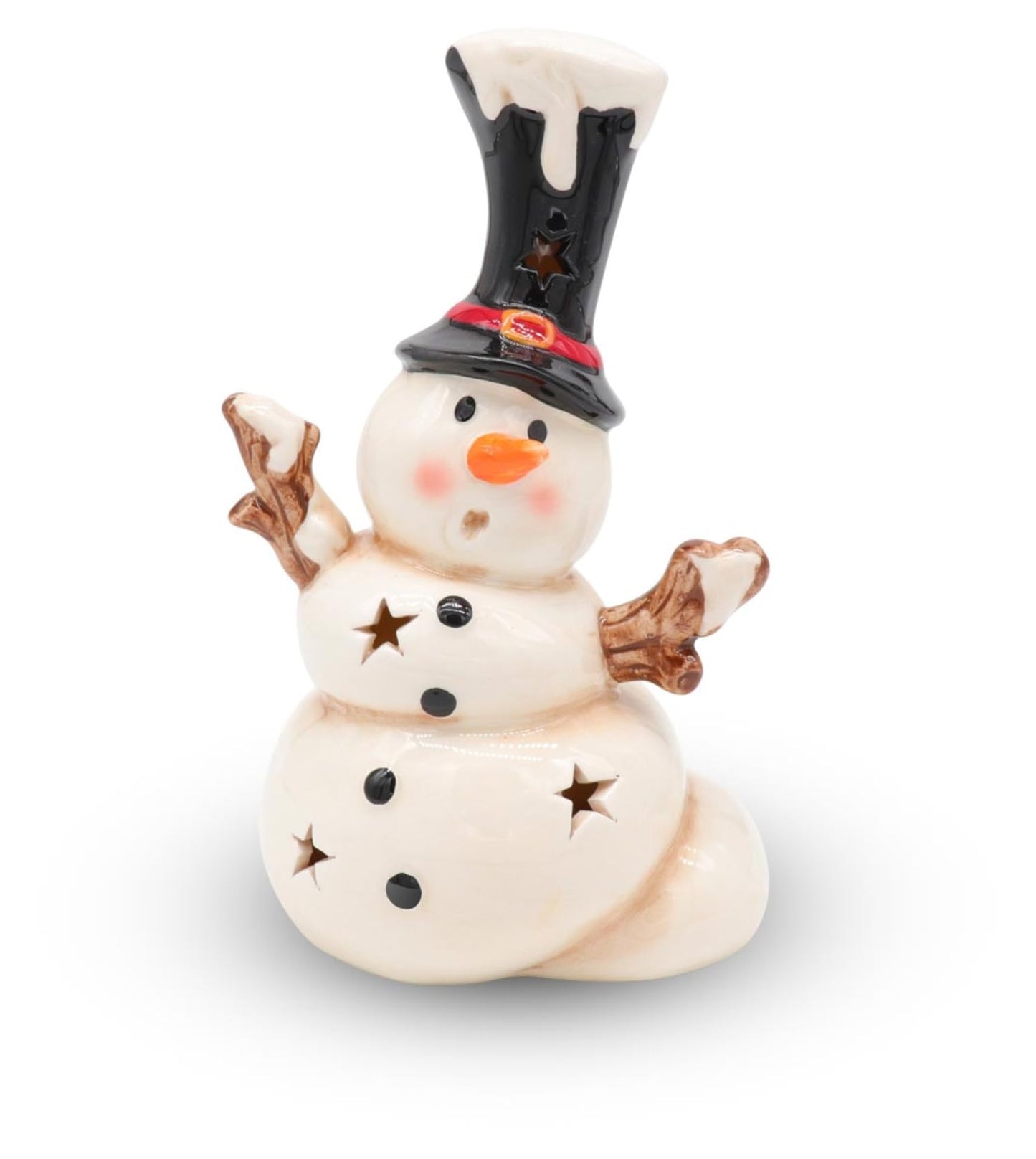 LED Keramik Schneemann Figur Olaf weiß schwarz rot H 18 cm 060028