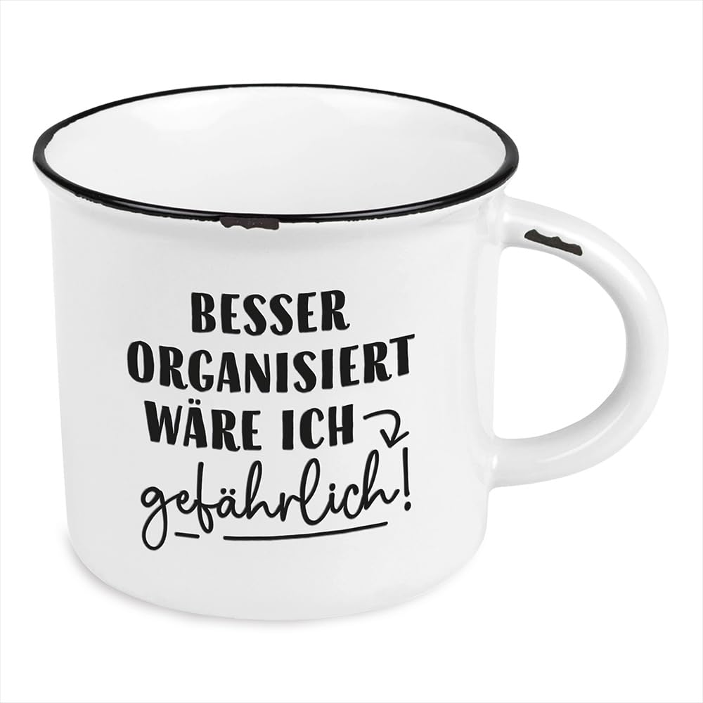 Kaffeetasse vintage| Keramik Becher zum verschenken | 400 ml | Besser organisiert wäre ich gefährlich, Gelb