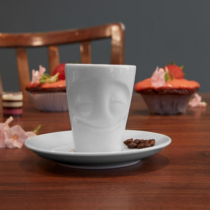 FIFTYEIGHT PRODUCTS / Cups / Espresso Cup with Saucer "Grinning" (Porcelain, 80 ml, White, Made in Germany)