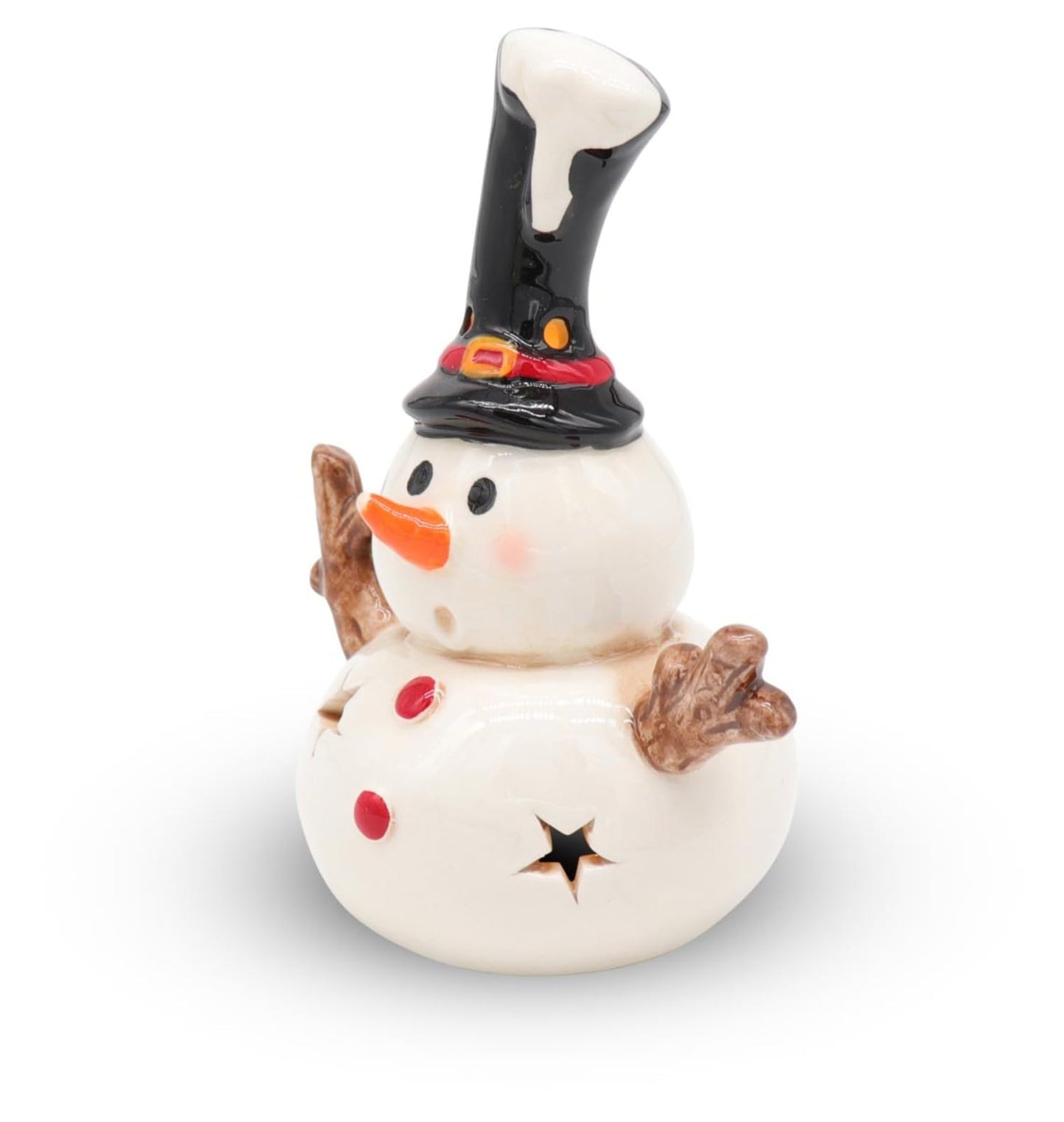 Seyko Keramik Deko Figur LED Keramik Schneemann Figur Olaf weiß schwarz rot H 12 cm 060029