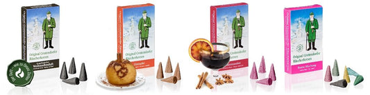 Crottendorfer Räucherkerzen Set da 4 confezioni da 24 pezzi ciascuna, coni di incenso taglia M in diverse varianti di profumo come mela e cannella, magia del camino, mix colorato, profumo natalizio dei Monti Metalliferi