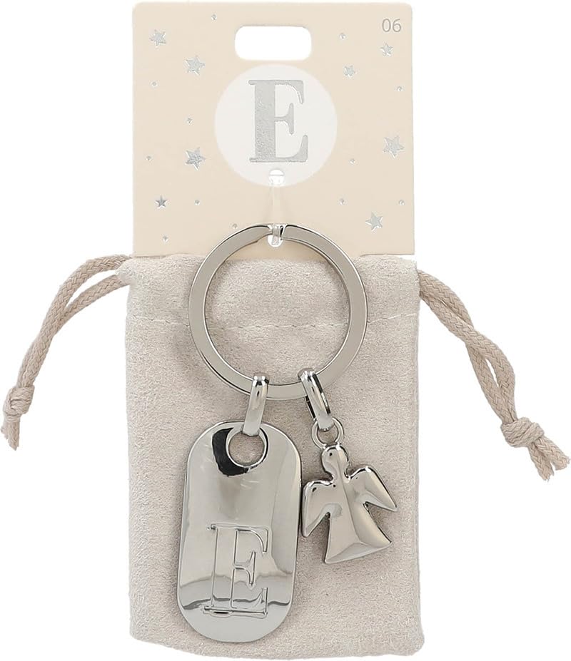 Depesche 11800-006 Silver Keychain with Letter E and Guardian Angel, Zinc Alloy, incl. vanilla-colored velvet pouch