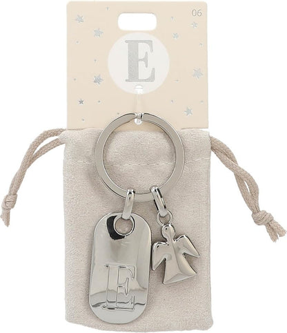 Depesche 11800-006 Silver Keychain with Letter E and Guardian Angel, Zinc Alloy, incl. vanilla-colored velvet pouch